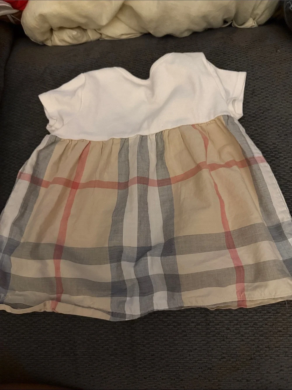 Burberry White Top with Beige and Red Plaid Skirt Kids Dress